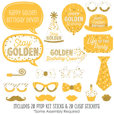 Golden Birthday - Personalized Happy Birthday Party Photo Booth Props Kit - 20 Count