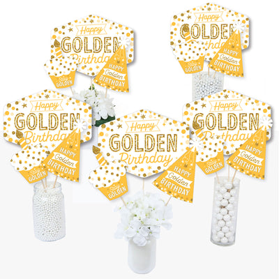 Golden Birthday - Happy Birthday Party Centerpiece Sticks - Table Toppers - Set of 15