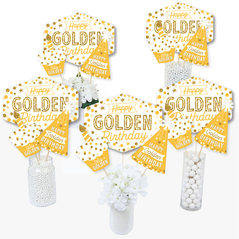 Golden Birthday - Happy Birthday Party Centerpiece Sticks - Table Toppers - Set of 15