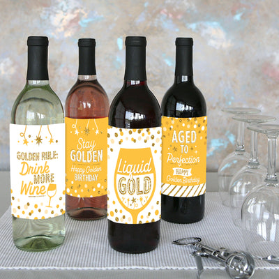 Golden Birthday - Happy Birthday Party Decorations for Women and Men - Wine Bottle Label Stickers - Set of 4