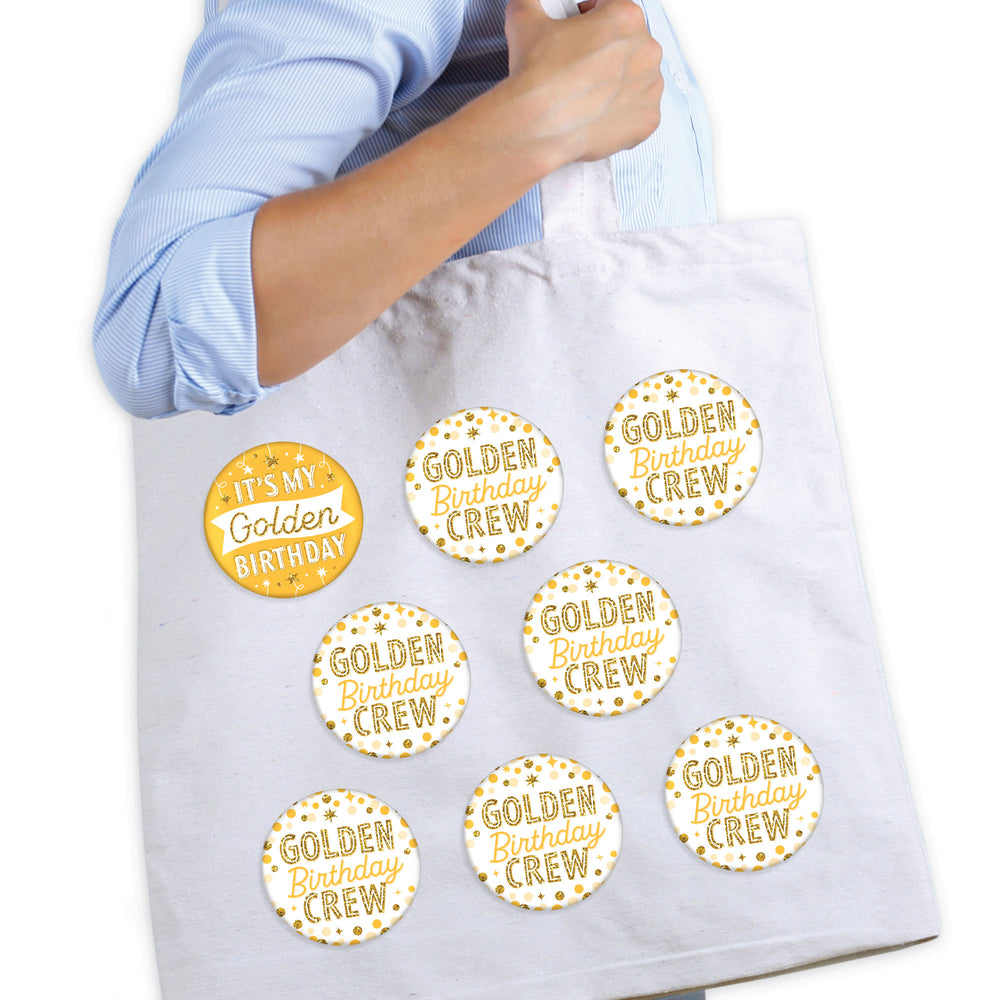Golden Birthday - 3 inch Happy Birthday Party Badge - Pinback Buttons - Set of 8