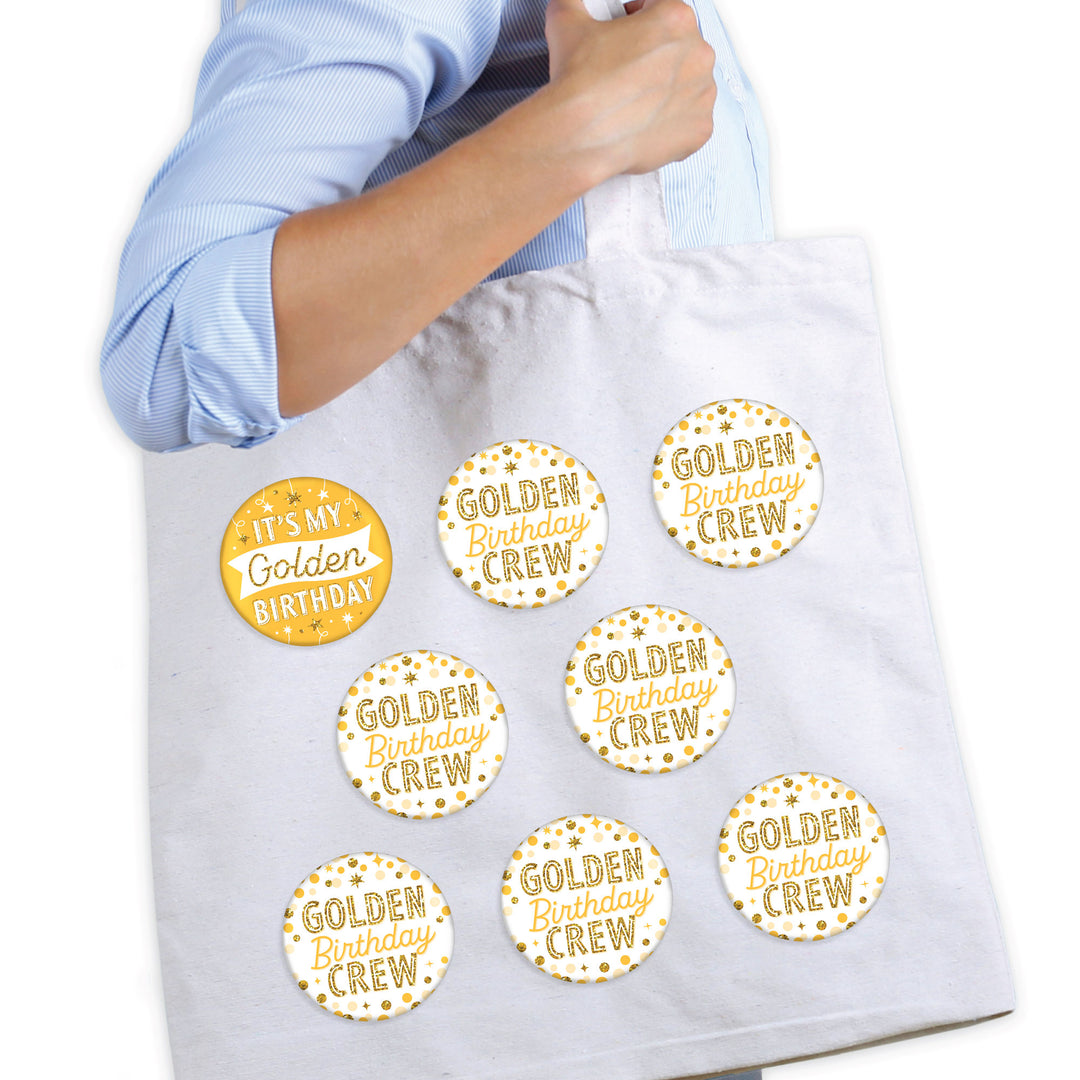 Birthday party pinback buttons with Golden Birthday designs