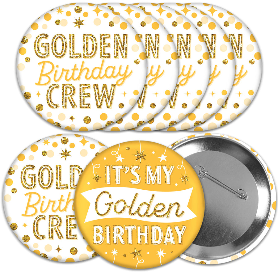 Golden Birthday pinback buttons, set of 8 glossy party badges