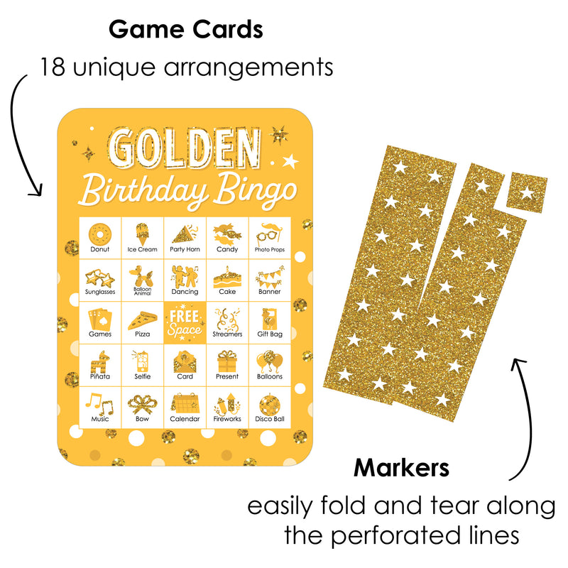 Golden Birthday - Picture Bingo Cards and Markers - Birthday Party Bingo Game - Set of 18
