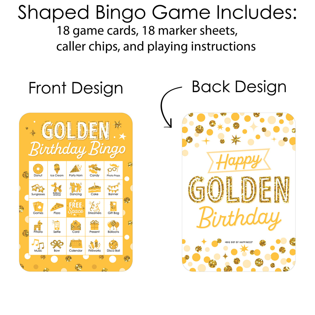 Golden Birthday - Picture Bingo Cards and Markers - Birthday Party Bingo Game - Set of 18