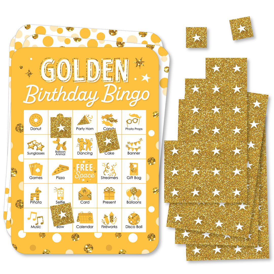 Golden Birthday - Picture Bingo Cards and Markers - Birthday Party Bingo Game - Set of 18