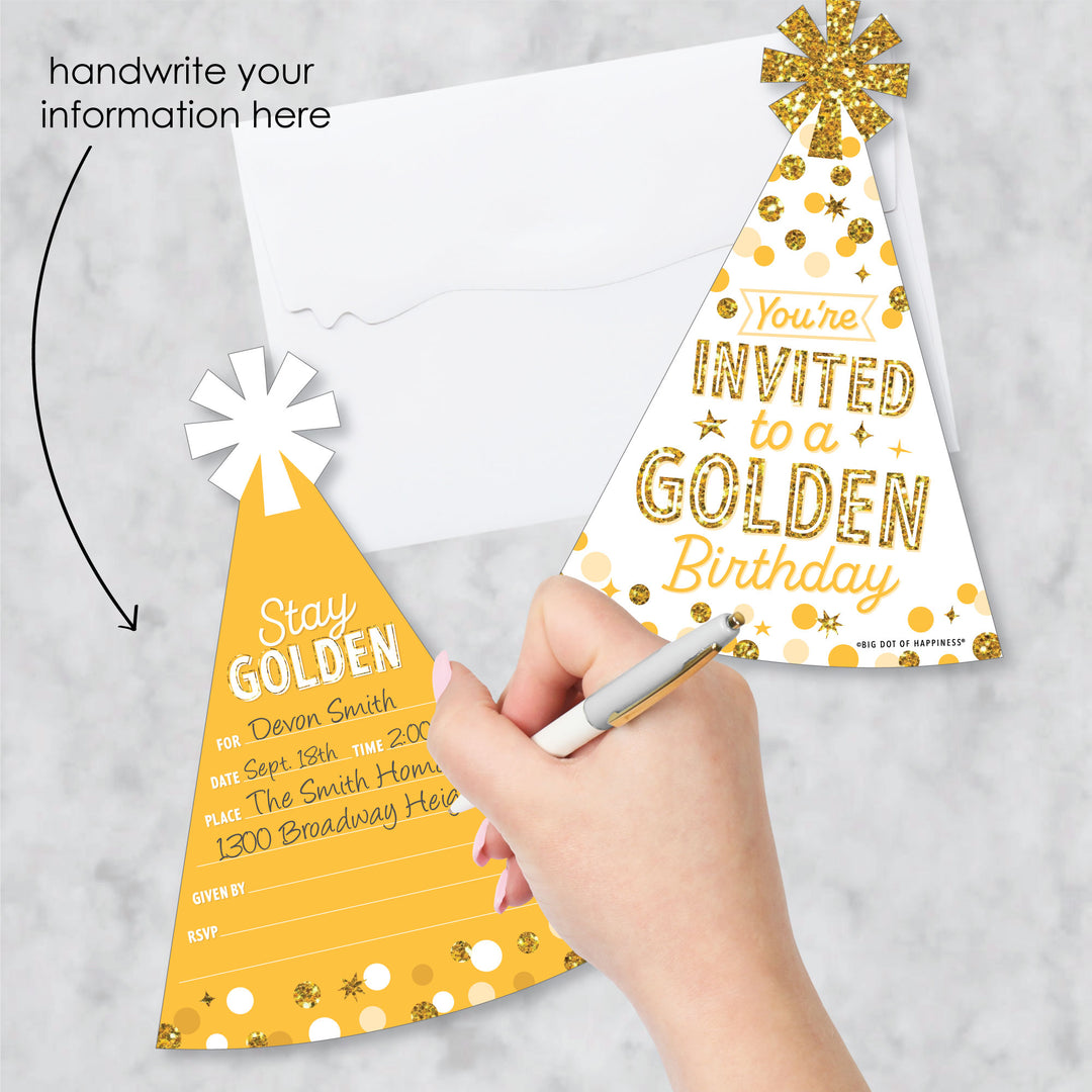 Golden Birthday - Shaped Fill-In Invitations - Happy Birthday Party Invitation Cards with Envelopes - Set of 12
