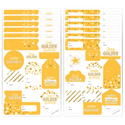 Golden Birthday - Assorted Happy Birthday Party Gift Tag Labels - To and From Stickers - 12 Sheets - 120 Stickers