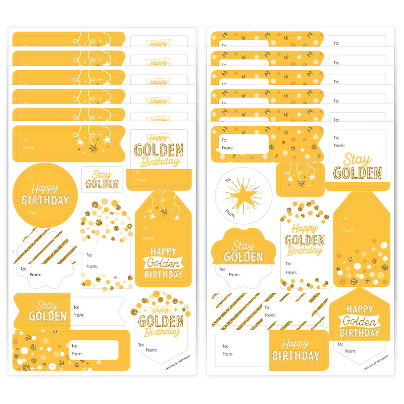 Golden Birthday - Assorted Happy Birthday Party Gift Tag Labels - To and From Stickers - 12 Sheets - 120 Stickers