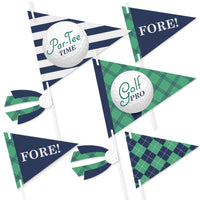 A set of golf-themed triangular pennant flag centerpieces with various texts such as 'Par Tee Time' and 'FORE', in colors green, navy blue, and white, with decorative tassels.