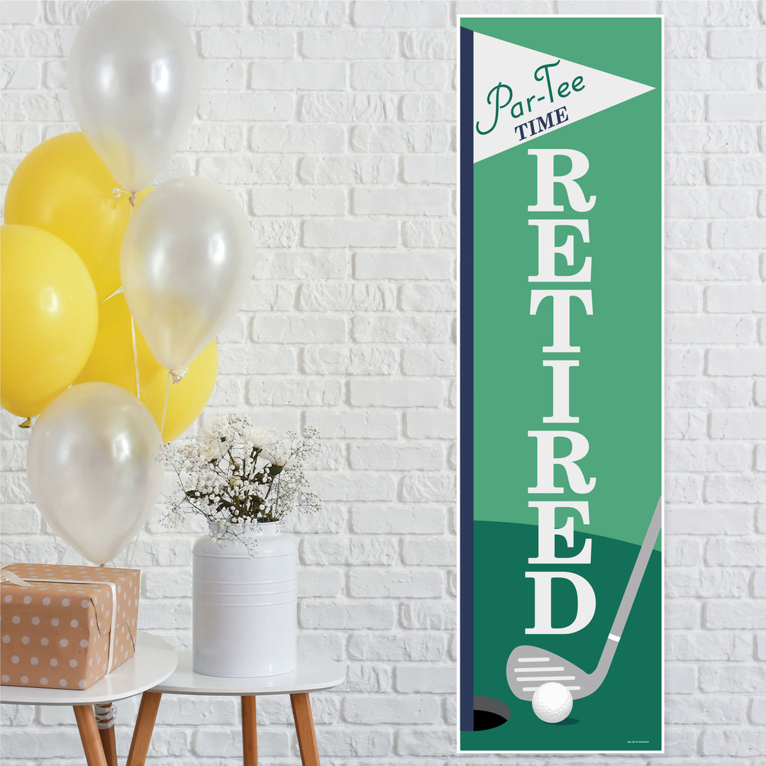 Green vertical golf themed retirement banner for a wall 