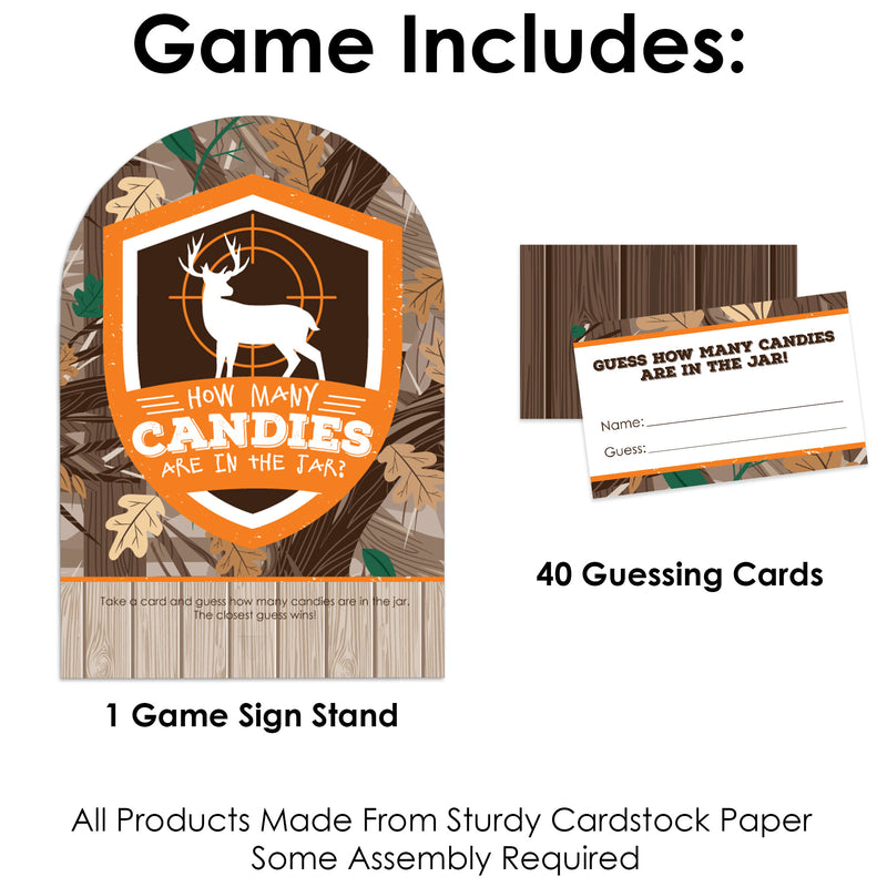 Gone Hunting - How Many Candies Deer Hunting Camo Baby Shower or Birthday Party Game - 1 Stand and 40 Cards - Candy Guessing Game