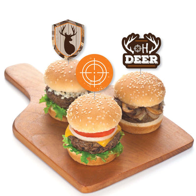 Gone Hunting - Dessert Cupcake Toppers - Deer Hunting Camo Party Clear Treat Picks - Set of 24