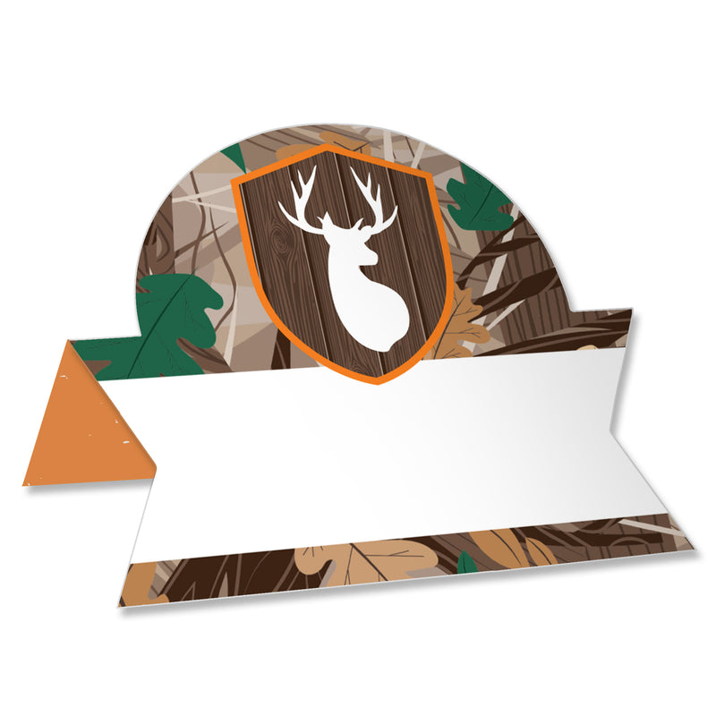 Gone Hunting - Deer Hunting Camo Baby Shower or Birthday Party Tent Buffet Card - Table Setting Name Place Cards - Set of 24