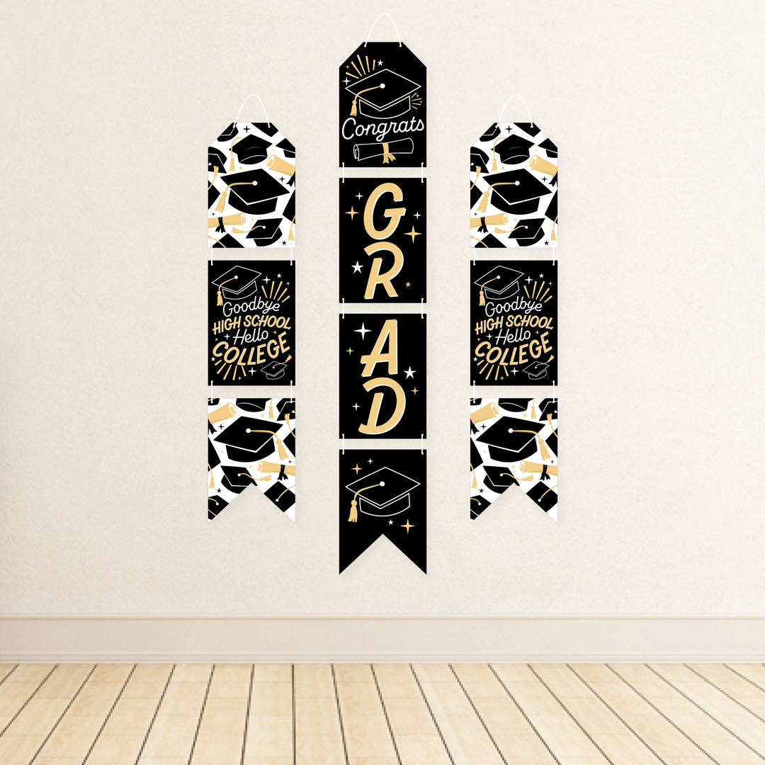 Goodbye High School, Hello College - Hanging Vertical Paper Door Banners - Graduation Party Wall Decoration Kit - Indoor Door Decor