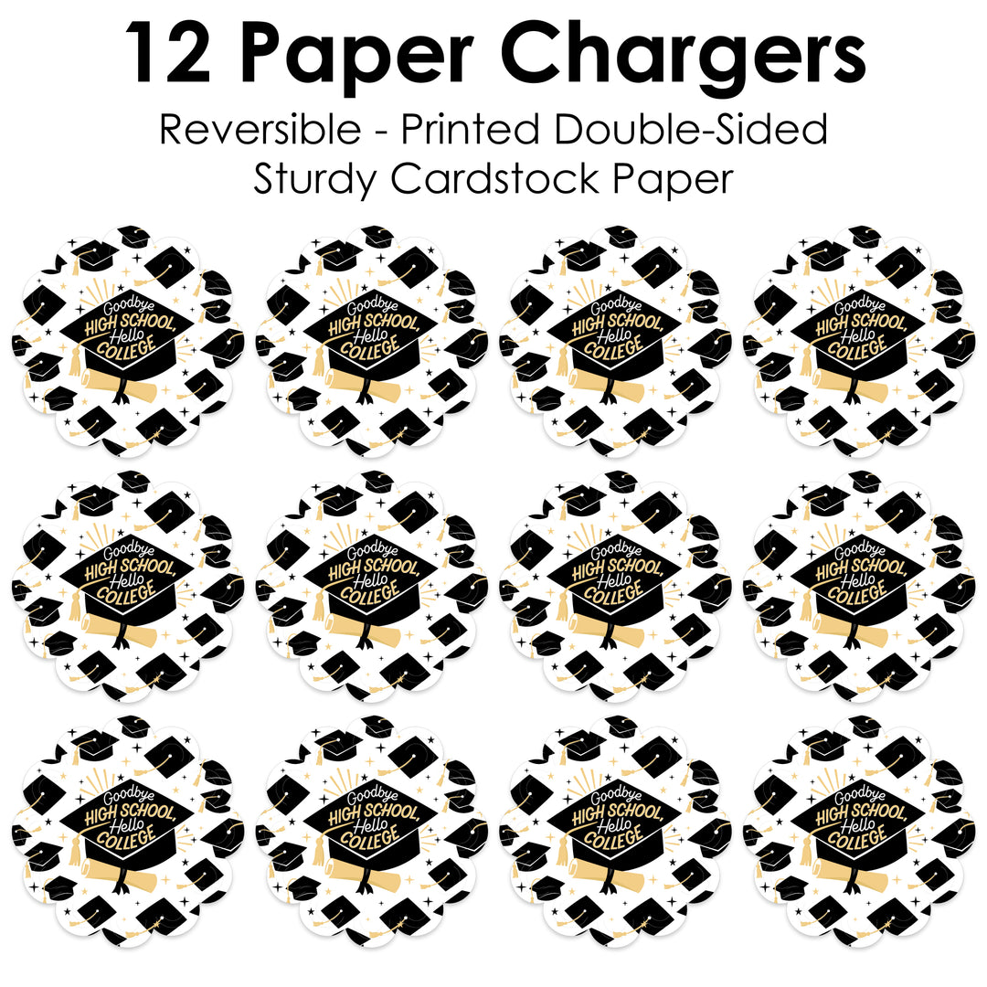 Goodbye High School, Hello College - Graduation Party Round Table Decorations - Paper Chargers - Place Setting For 12