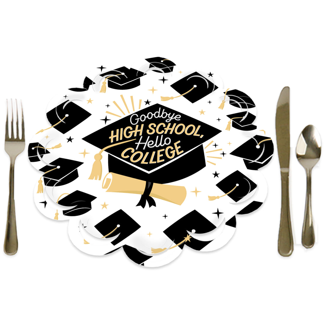Goodbye High School, Hello College - Graduation Party Round Table Decorations - Paper Chargers - Place Setting For 12