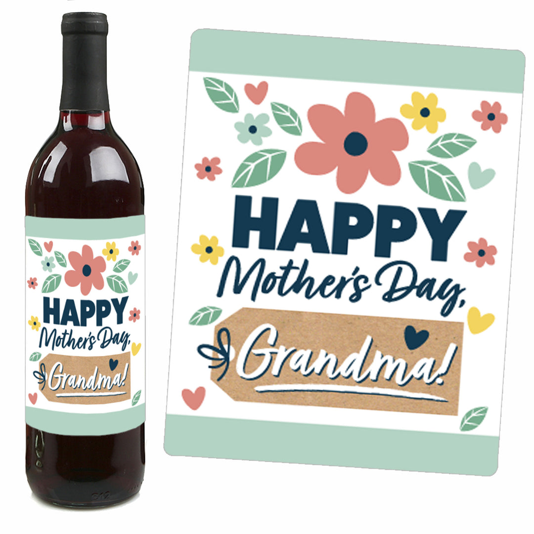 Grandma, Happy Mother's Day - We Love Grandmother Decorations for Women - Wine Bottle Label Stickers - Set of 4