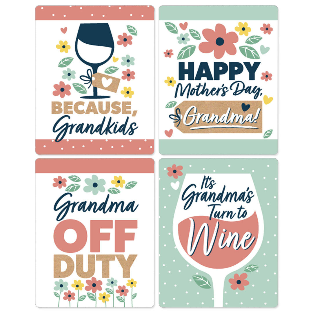 Grandma, Happy Mother's Day - We Love Grandmother Decorations for Women - Wine Bottle Label Stickers - Set of 4