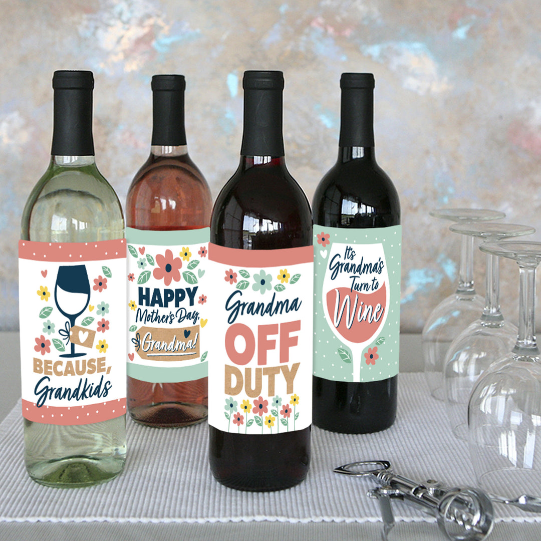 Grandma, Happy Mother's Day - We Love Grandmother Decorations for Women - Wine Bottle Label Stickers - Set of 4