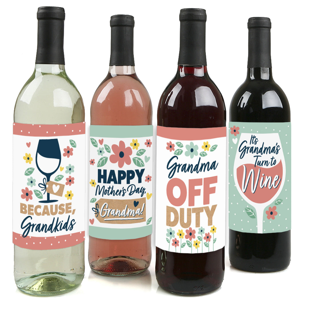 Grandma, Happy Mother's Day - We Love Grandmother Decorations for Women - Wine Bottle Label Stickers - Set of 4
