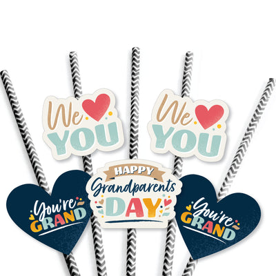 Happy Grandparents Day - Paper Straw Decor - Grandma & Grandpa Party Striped Decorative Straws - Set of 24