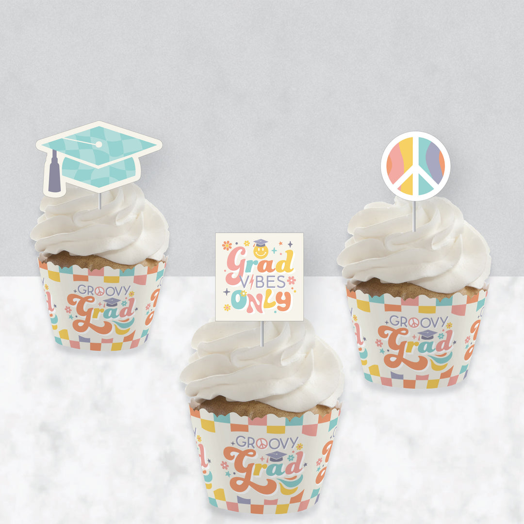 Groovy Grad - Cupcake Decoration - Hippie Graduation Party Cupcake Wrappers and Treat Picks Kit - Set of 24