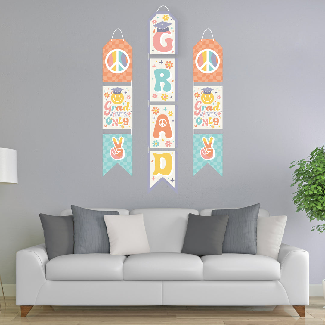 Groovy Grad - Hanging Vertical Paper Door Banners - Hippie Graduation Party Wall Decoration Kit - Indoor Door Decor