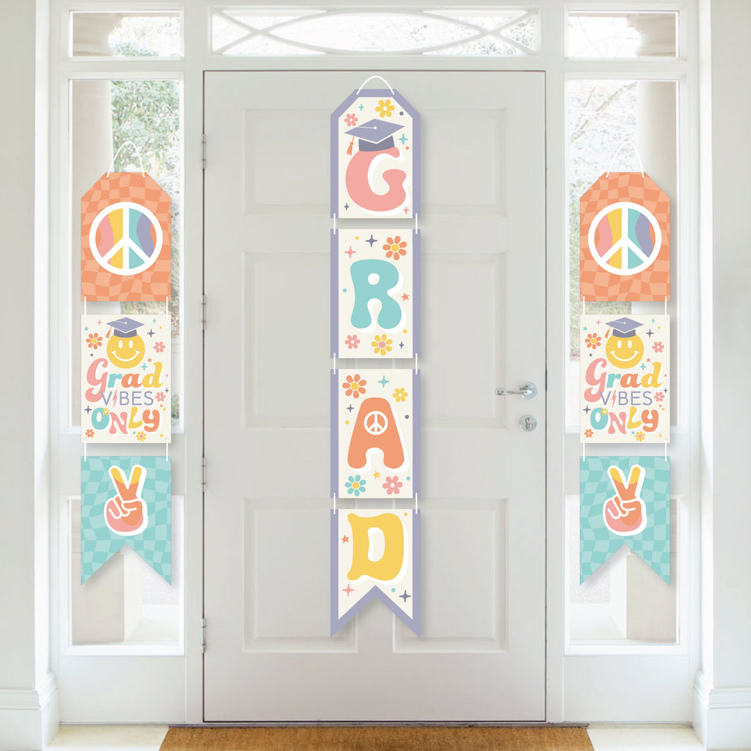 Groovy Grad - Hanging Vertical Paper Door Banners - Hippie Graduation Party Wall Decoration Kit - Indoor Door Decor
