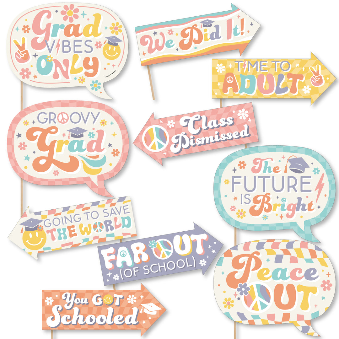 Funny Groovy Grad - Hippie Graduation Party Photo Booth Props Kit - 10 Piece