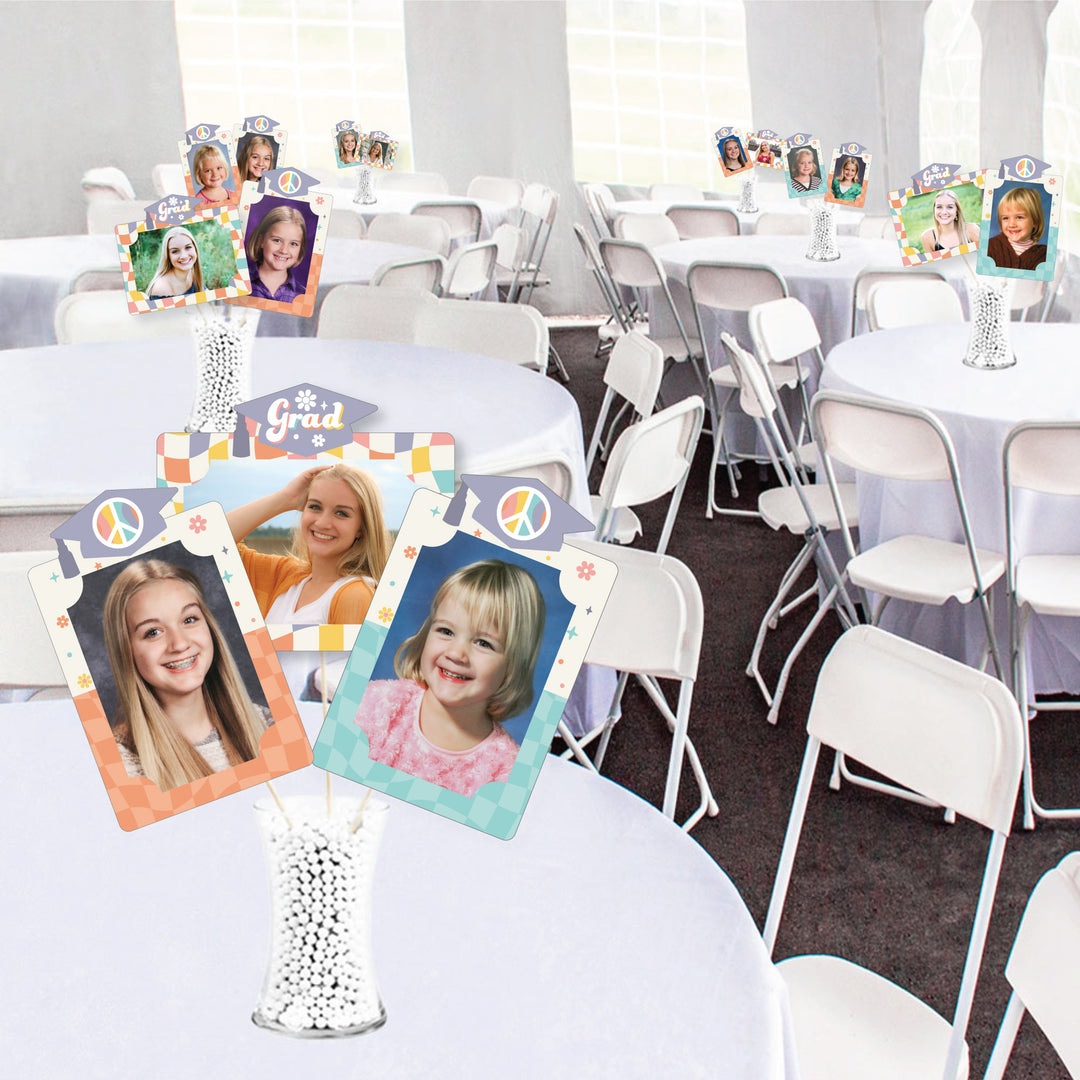Groovy Grad - Hippie Graduation Party Picture Centerpiece Sticks - Photo Table Toppers - 15 Pieces