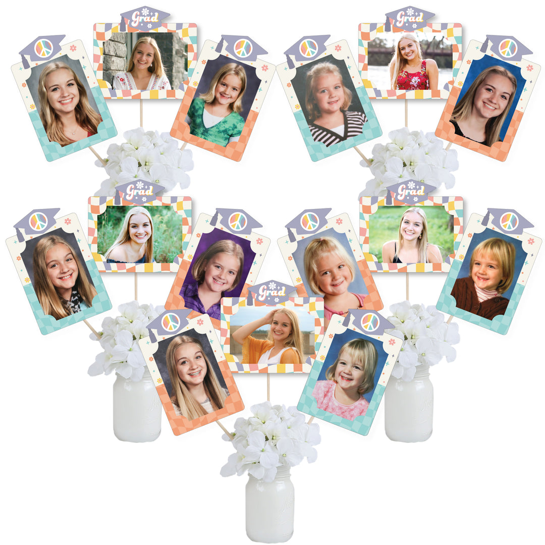 Groovy Grad - Hippie Graduation Party Picture Centerpiece Sticks - Photo Table Toppers - 15 Pieces