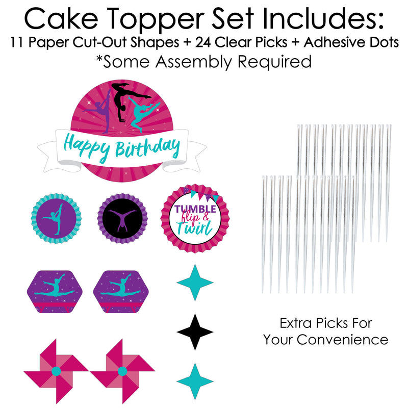 Tumble, Flip & Twirl - Gymnastics - Gymnast Birthday Party Cake Decorating Kit - Happy Birthday Cake Topper Set - 11 Pieces