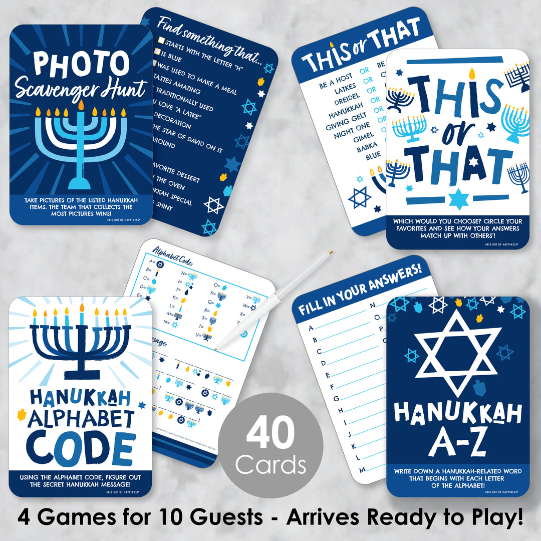 Hanukkah Menorah - 4 Chanukah Holiday Party Games - 10 Cards Each - Gamerific Bundle