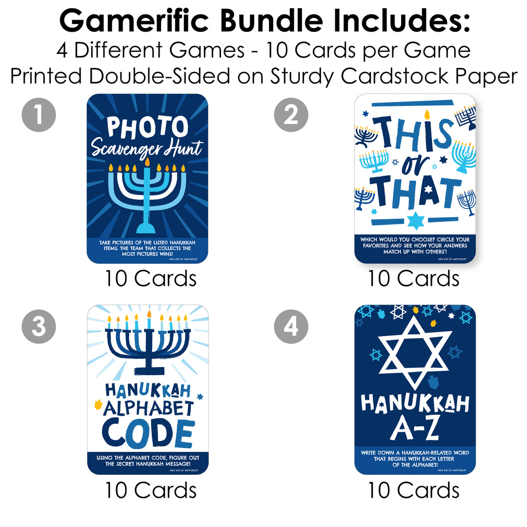 Hanukkah Menorah - 4 Chanukah Holiday Party Games - 10 Cards Each - Gamerific Bundle