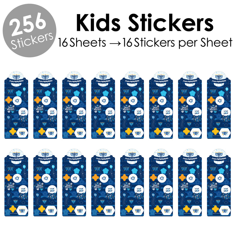 Hanukkah Menorah - Chanukah Holiday Party Favor Kids Stickers - 16 Sheets - 256 Stickers