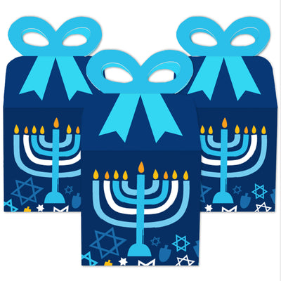 Hanukkah Menorah - Square Favor Gift Boxes - Chanukah Holiday Party Bow Boxes - Set of 12