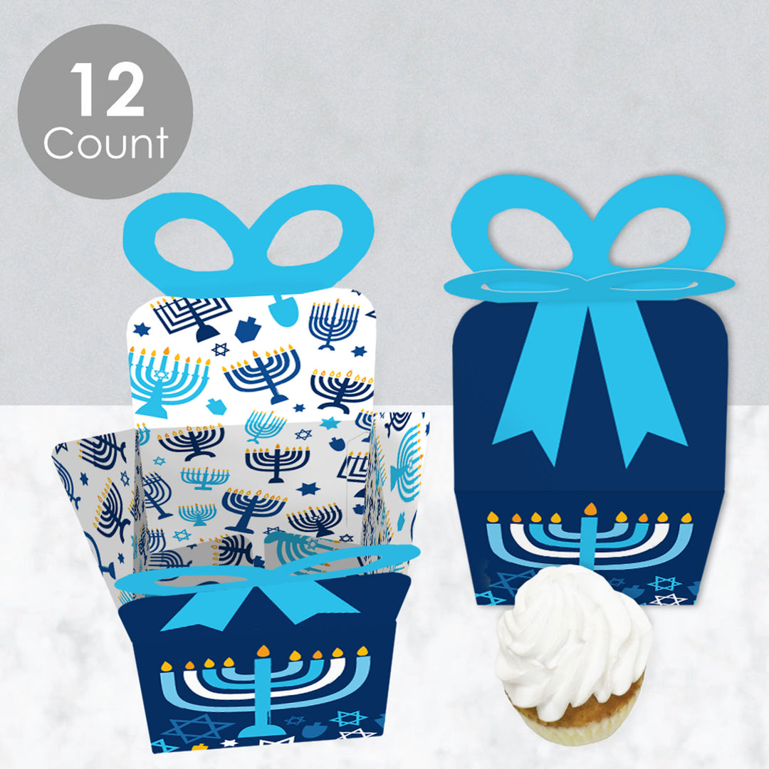 Hanukkah Menorah - Square Favor Gift Boxes - Chanukah Holiday Party Bow Boxes - Set of 12
