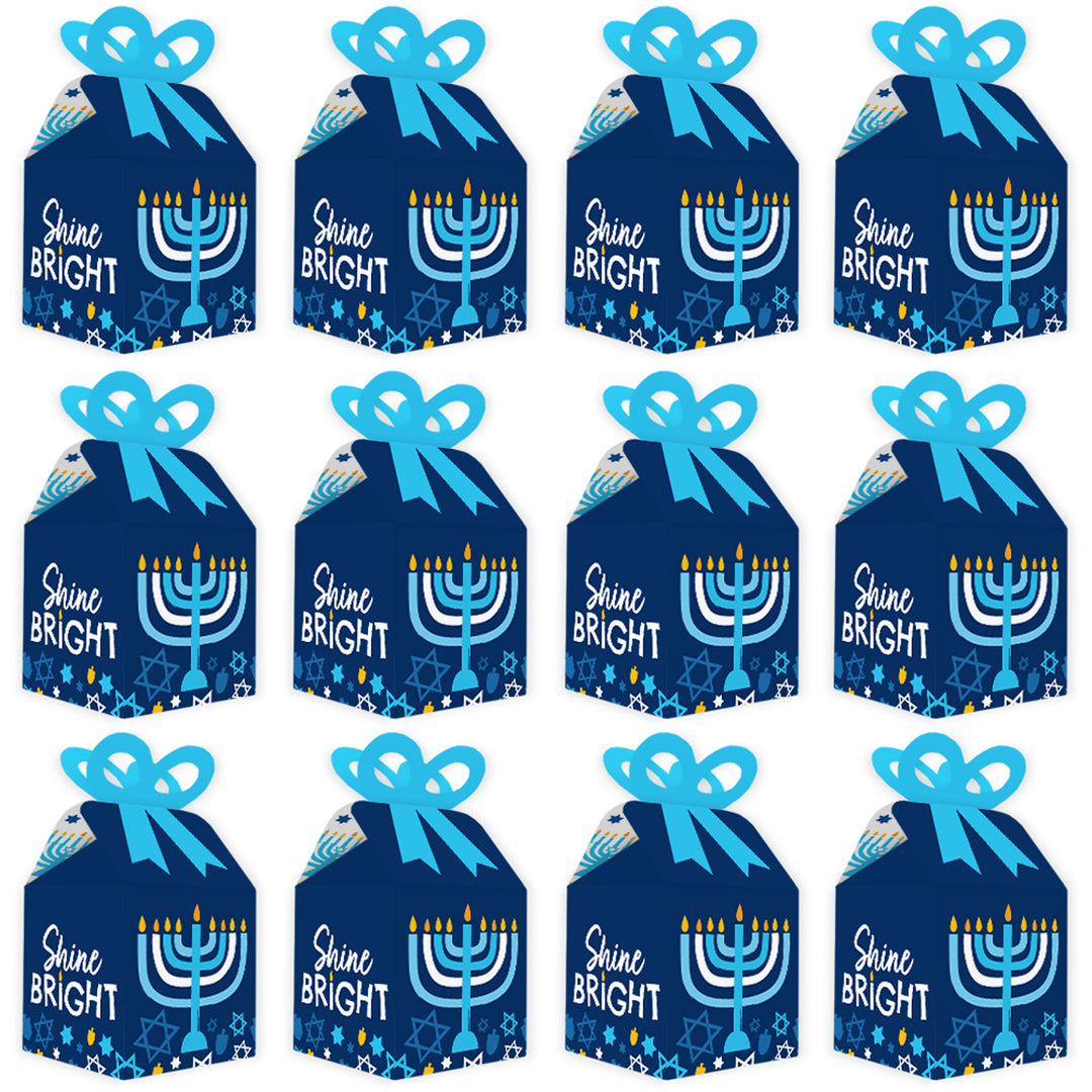 Hanukkah Menorah - Square Favor Gift Boxes - Chanukah Holiday Party Bow Boxes - Set of 12