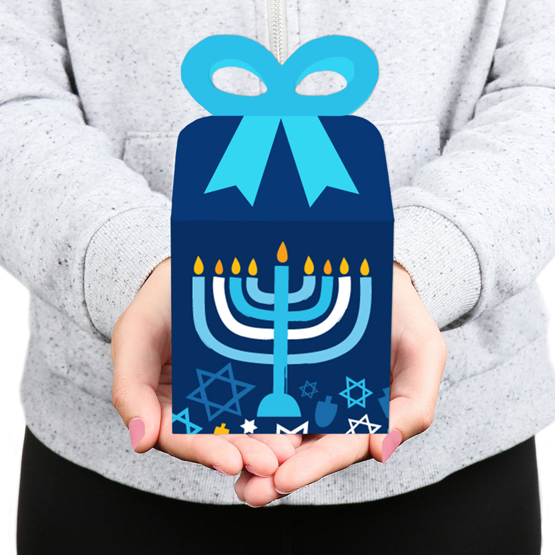 Hanukkah Menorah - Square Favor Gift Boxes - Chanukah Holiday Party Bow Boxes - Set of 12