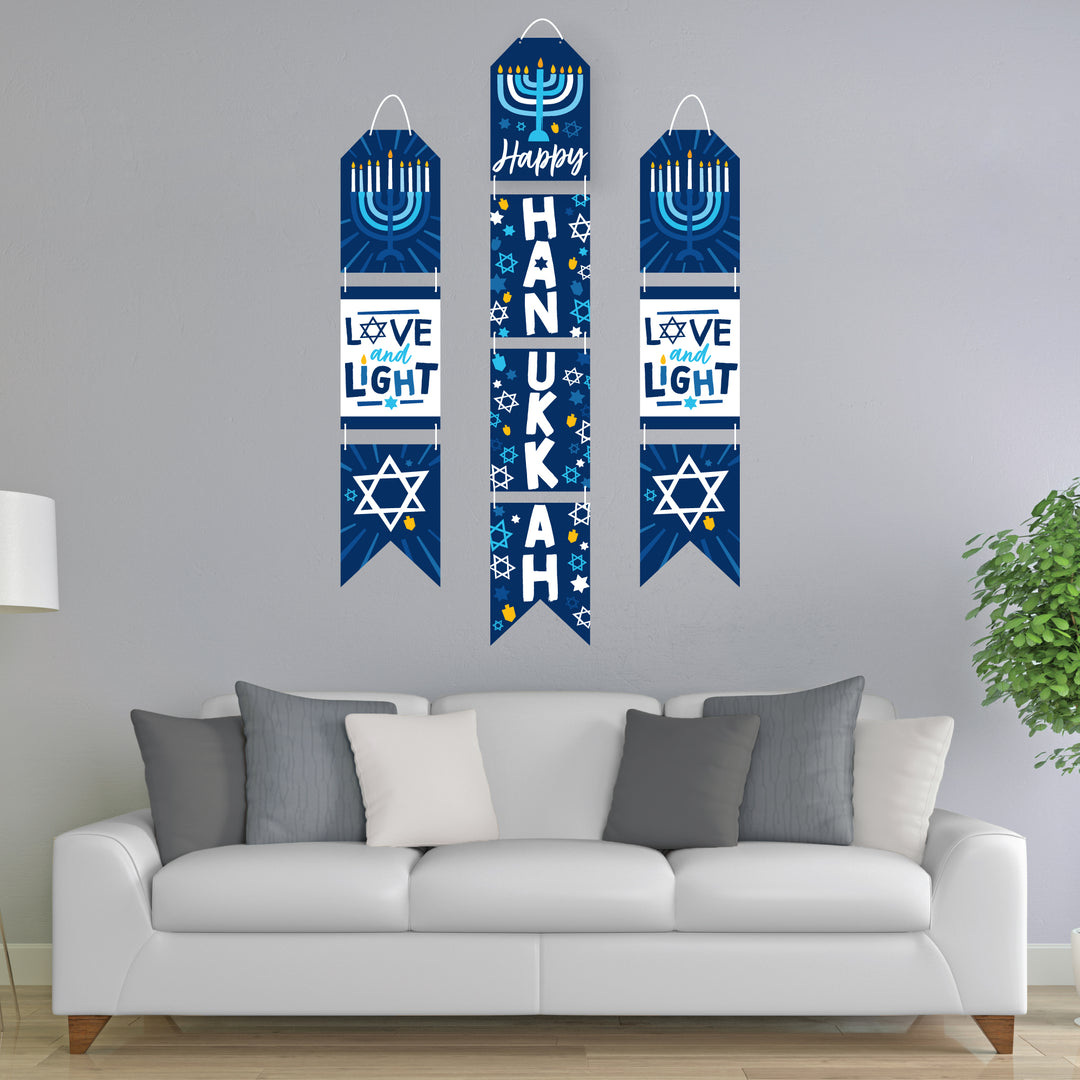 Hanukkah Menorah - Hanging Vertical Paper Door Banners - Chanukah Holiday Party Wall Decoration Kit - Indoor Door Decor