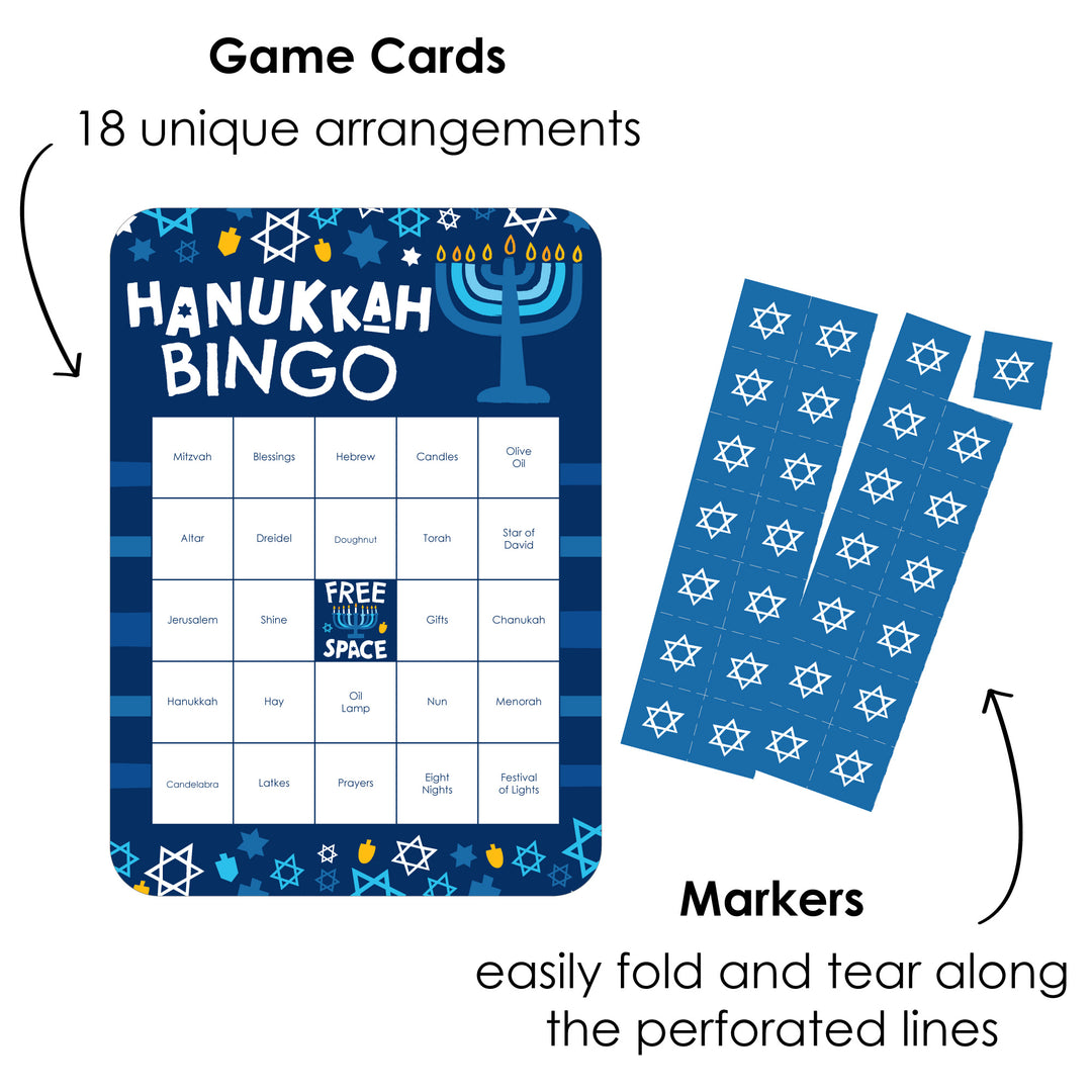 Hanukkah Menorah - Bingo Cards and Markers - Chanukah Holiday Party Bingo Game - Set of 18
