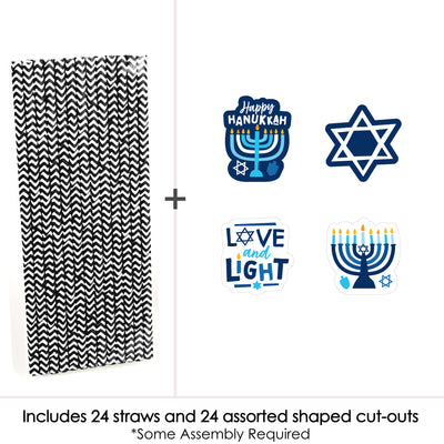 Hanukkah Menorah - Paper Straw Decor - Chanukah Holiday Party Striped Decorative Straws - Set of 24