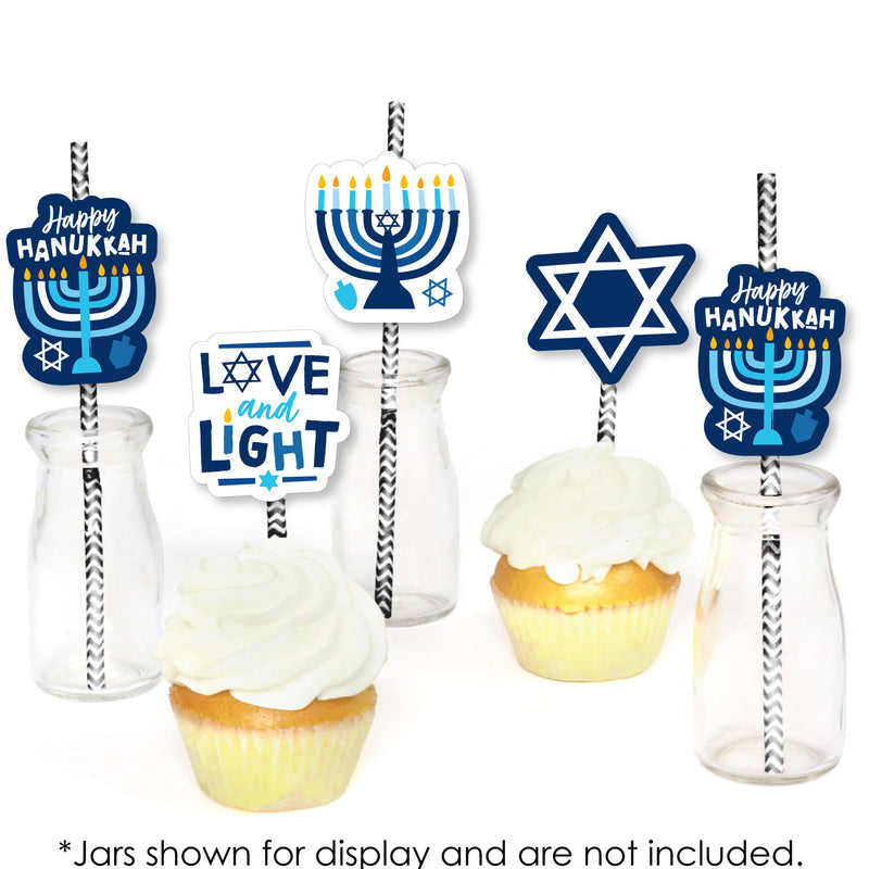 Hanukkah Menorah - Paper Straw Decor - Chanukah Holiday Party Striped Decorative Straws - Set of 24