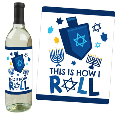 Hanukkah Menorah - Chanukah Holiday Party Decorations for Women and Men - Wine Bottle Label Stickers - Set of 4