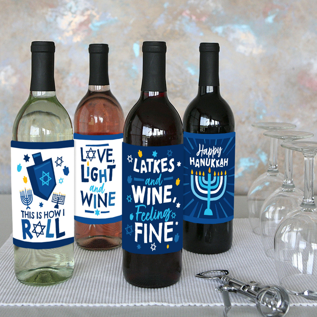 Hanukkah Menorah - Chanukah Holiday Party Decorations for Women and Men - Wine Bottle Label Stickers - Set of 4