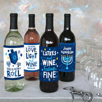Hanukkah Menorah - Chanukah Holiday Party Decorations for Women and Men - Wine Bottle Label Stickers - Set of 4