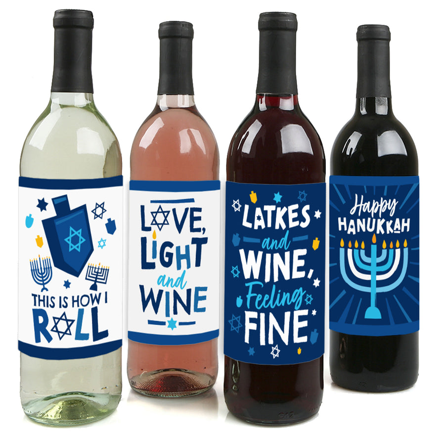Hanukkah Menorah - Chanukah Holiday Party Decorations for Women and Men - Wine Bottle Label Stickers - Set of 4