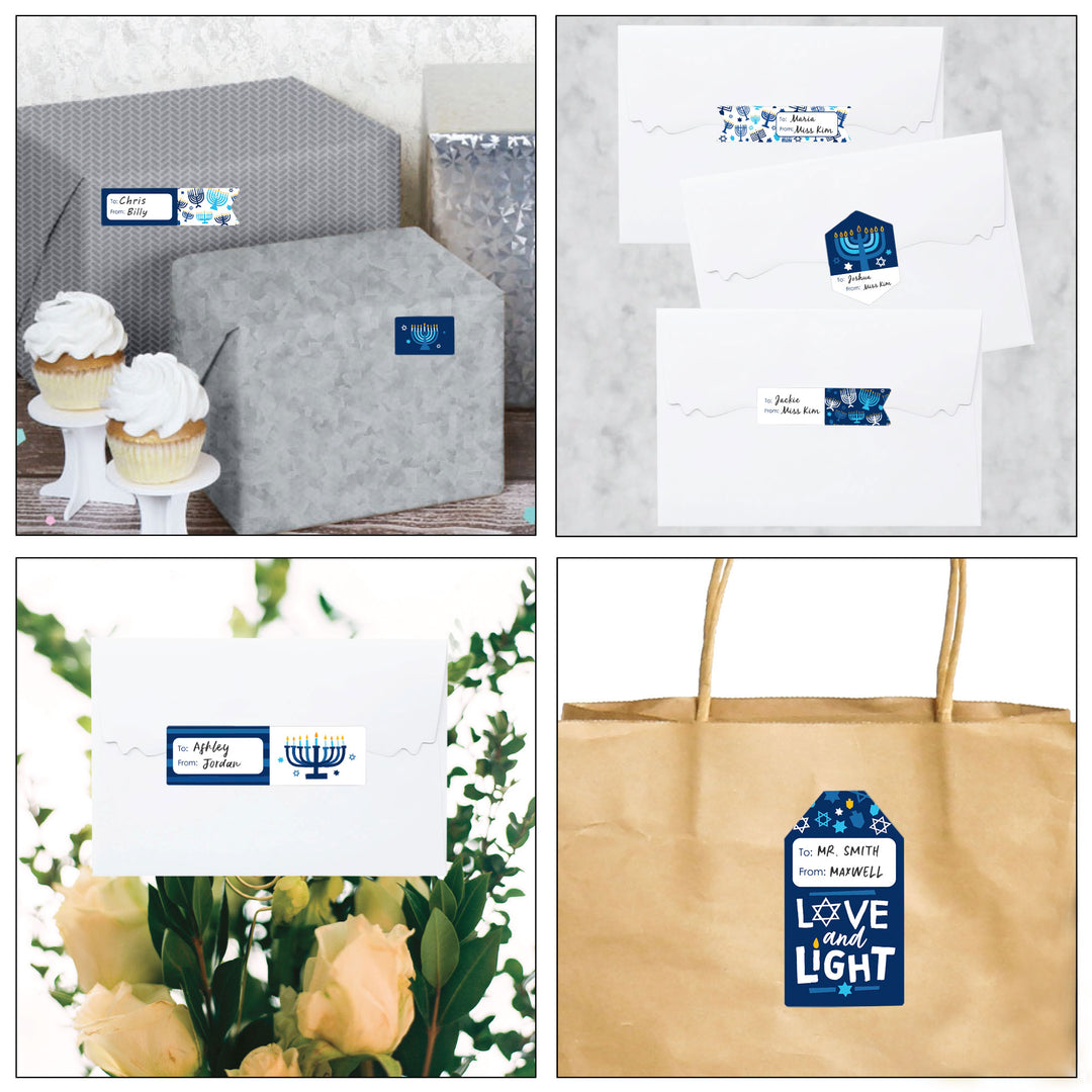 Hanukkah Menorah - Assorted Chanukah Holiday Party Gift Tag Labels - To and From Stickers - 12 Sheets - 120 Stickers