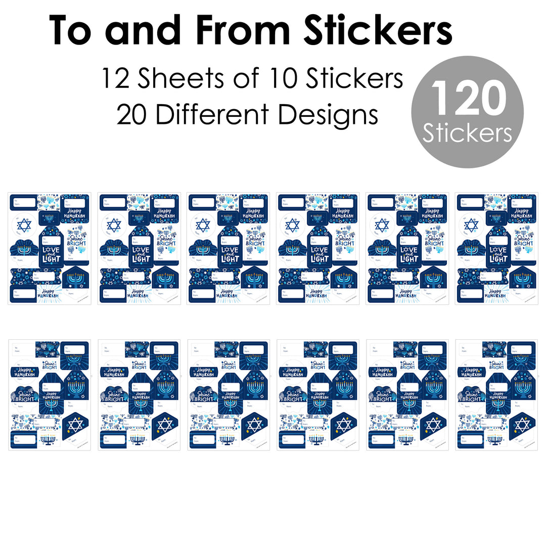 Hanukkah Menorah - Assorted Chanukah Holiday Party Gift Tag Labels - To and From Stickers - 12 Sheets - 120 Stickers